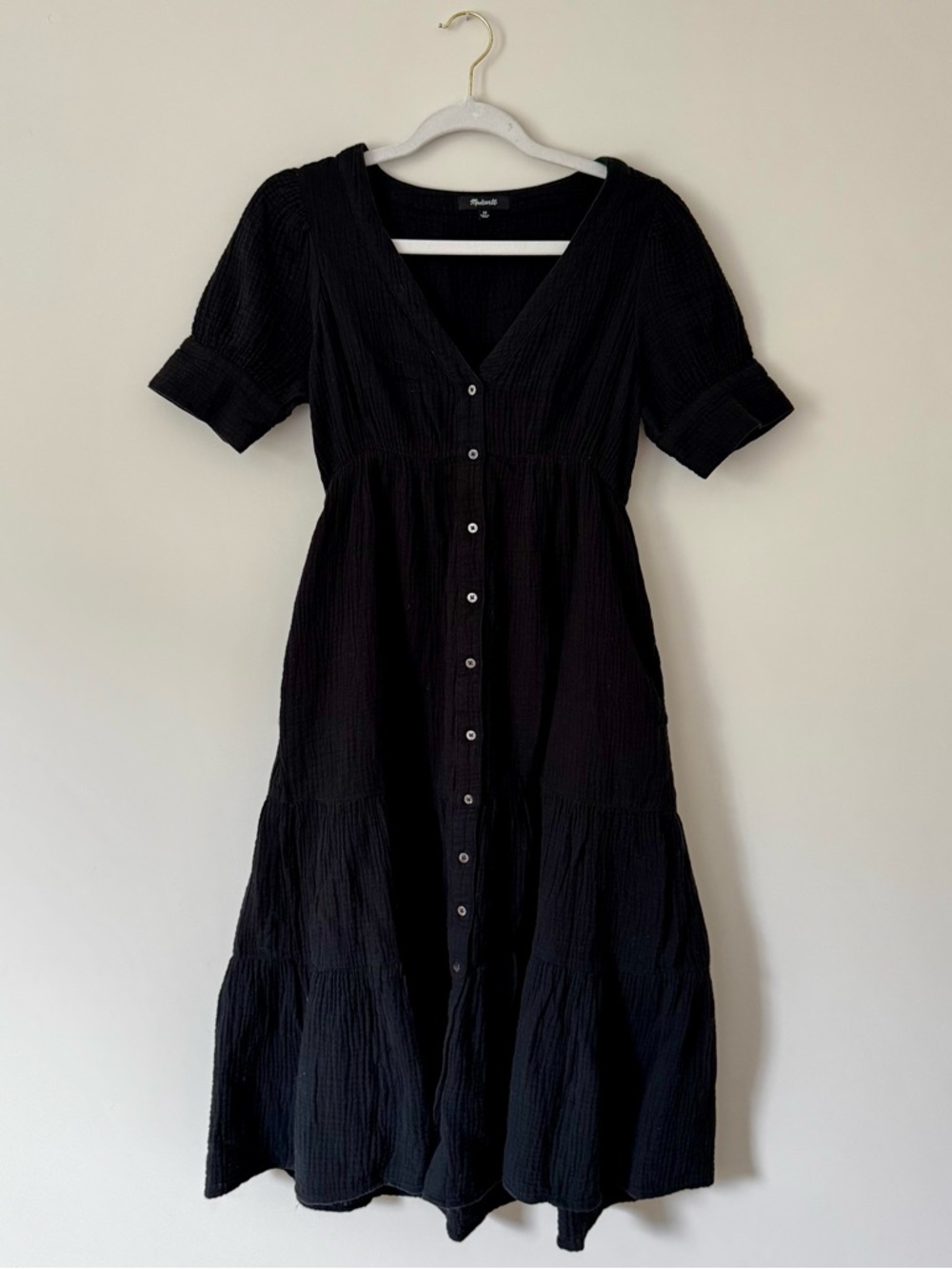 Madewell Gauze Midi Dress, Black Button Front – Size 00 (XXS/XS)